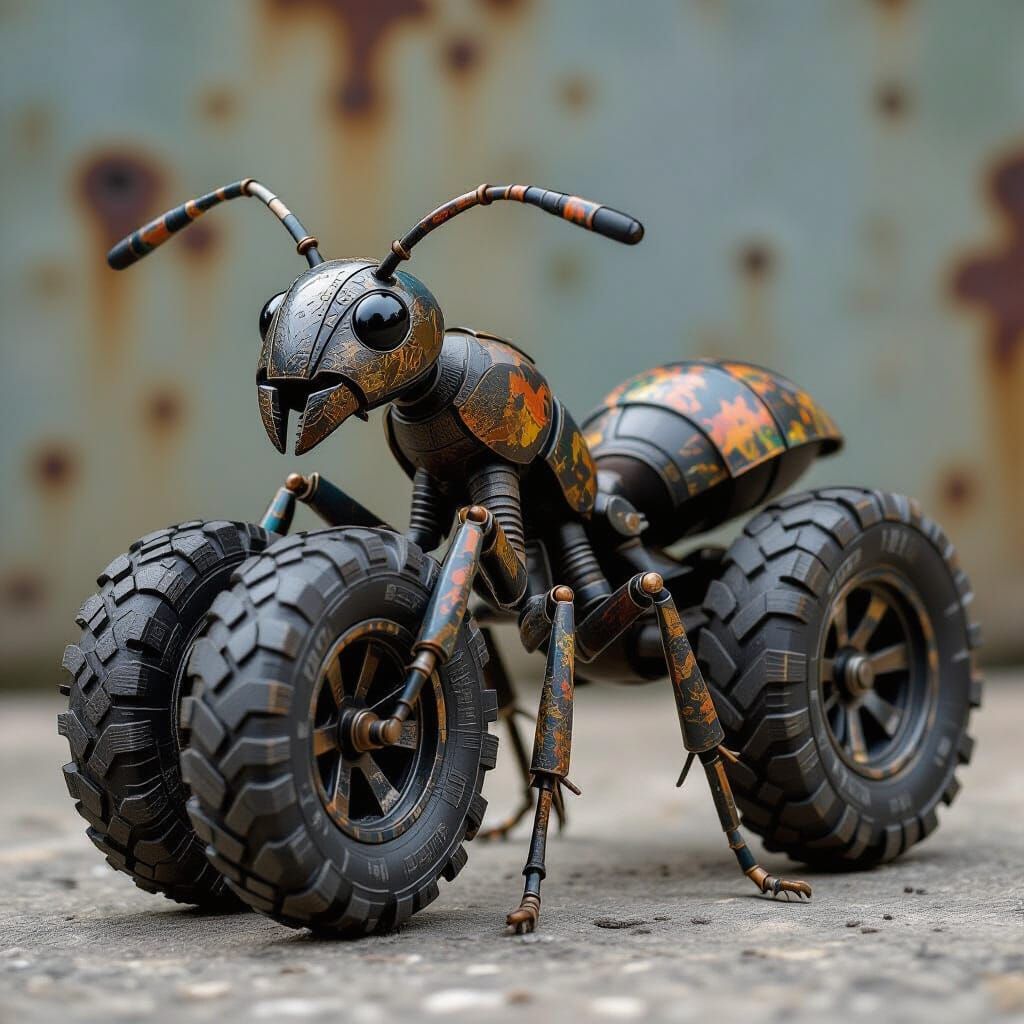Metallic Ant Sculpture from Recycled Tires as Scrap Art