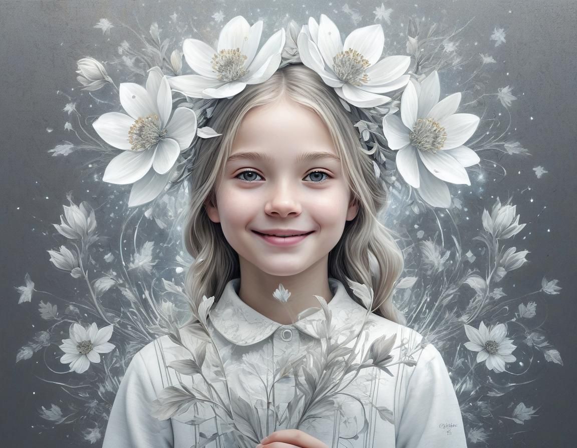 Ethereal Floral Art with Smiling Girl in Abstract Style