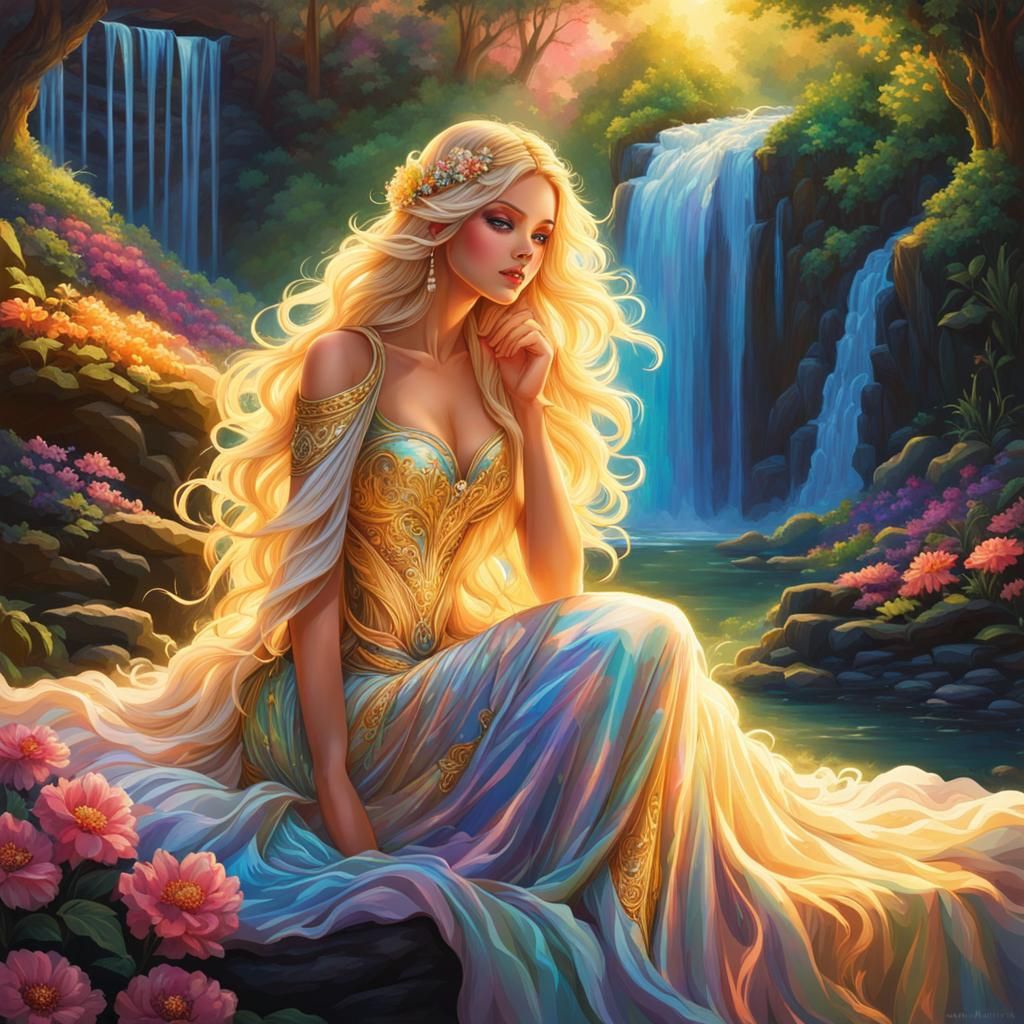 Golden Light on Woman in Waterfall Garden