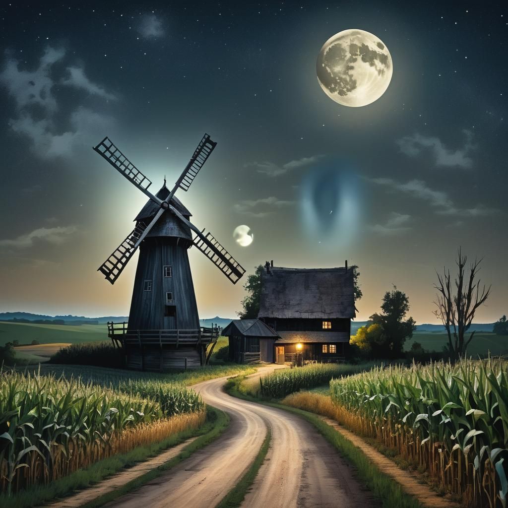 Night Scene with Old Wooden Windmill