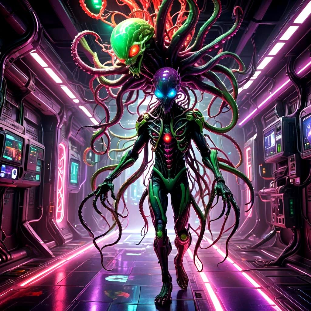 Ethereal Alien in Sci-Fi Room: Surreal Digital Art