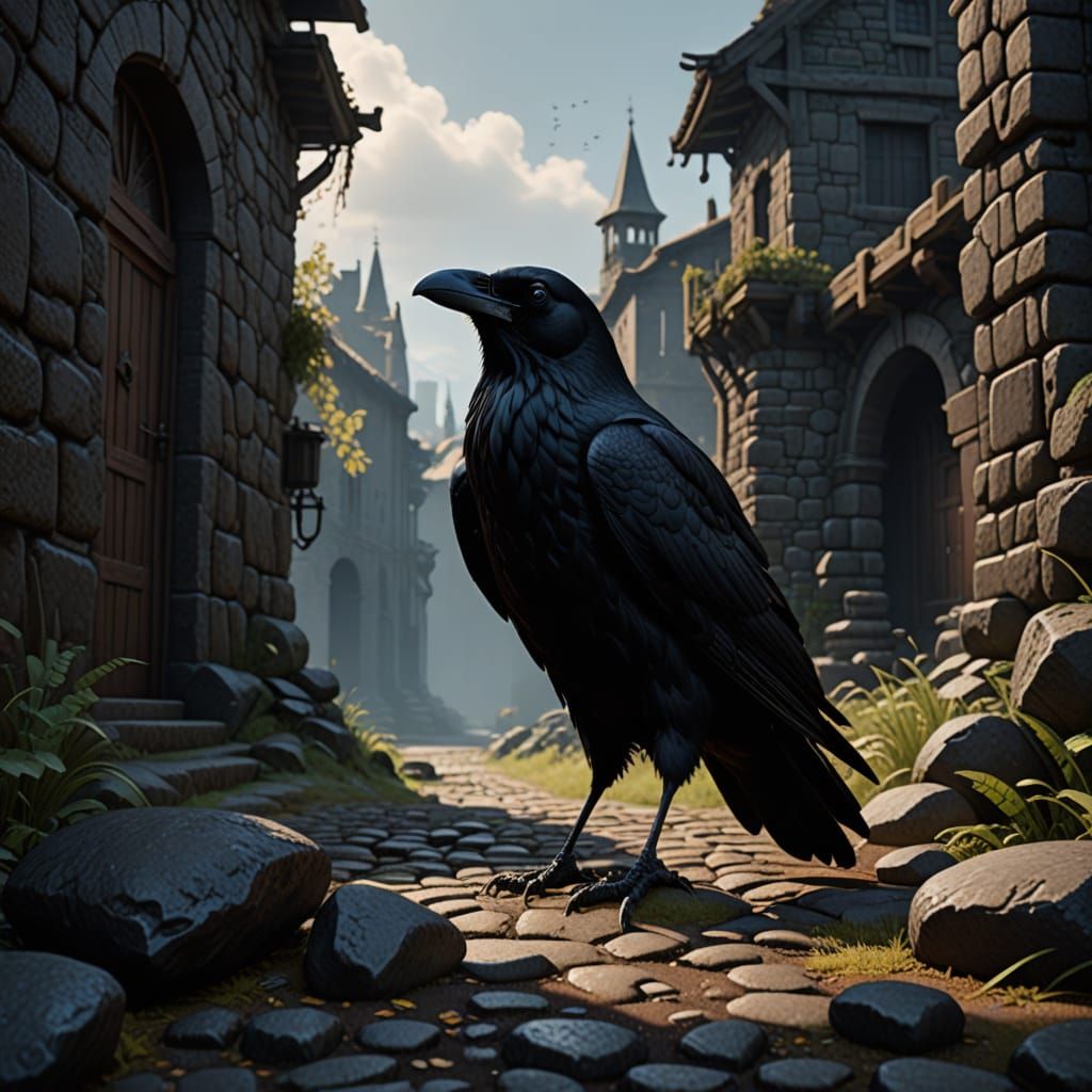 Ethereal Raven on Ancient Cobblestone Road
