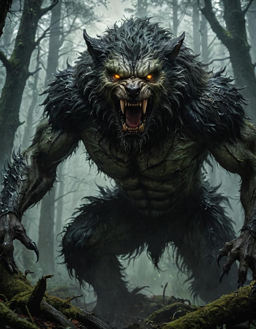 Demonic Werewolf in Misty Forest, Dark Fantasy Art