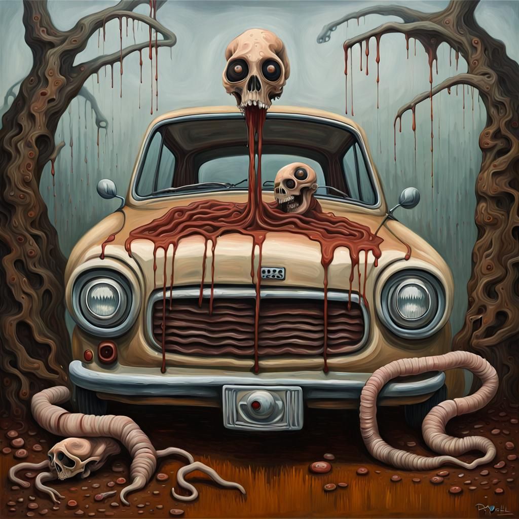 Surreal Car and Worm: Uncanny Valley Impasto Painting
