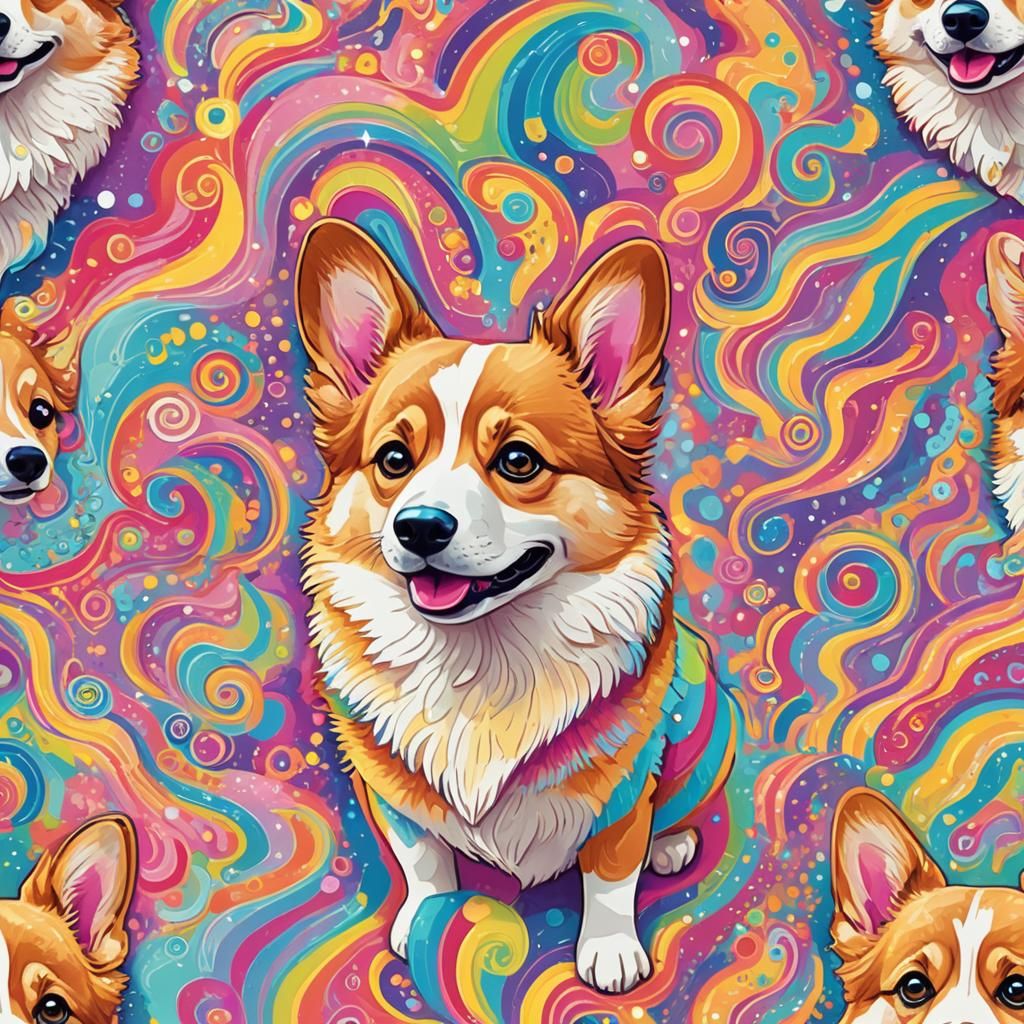 Cute Corgi Doge Portrait in Lisa Frank Style