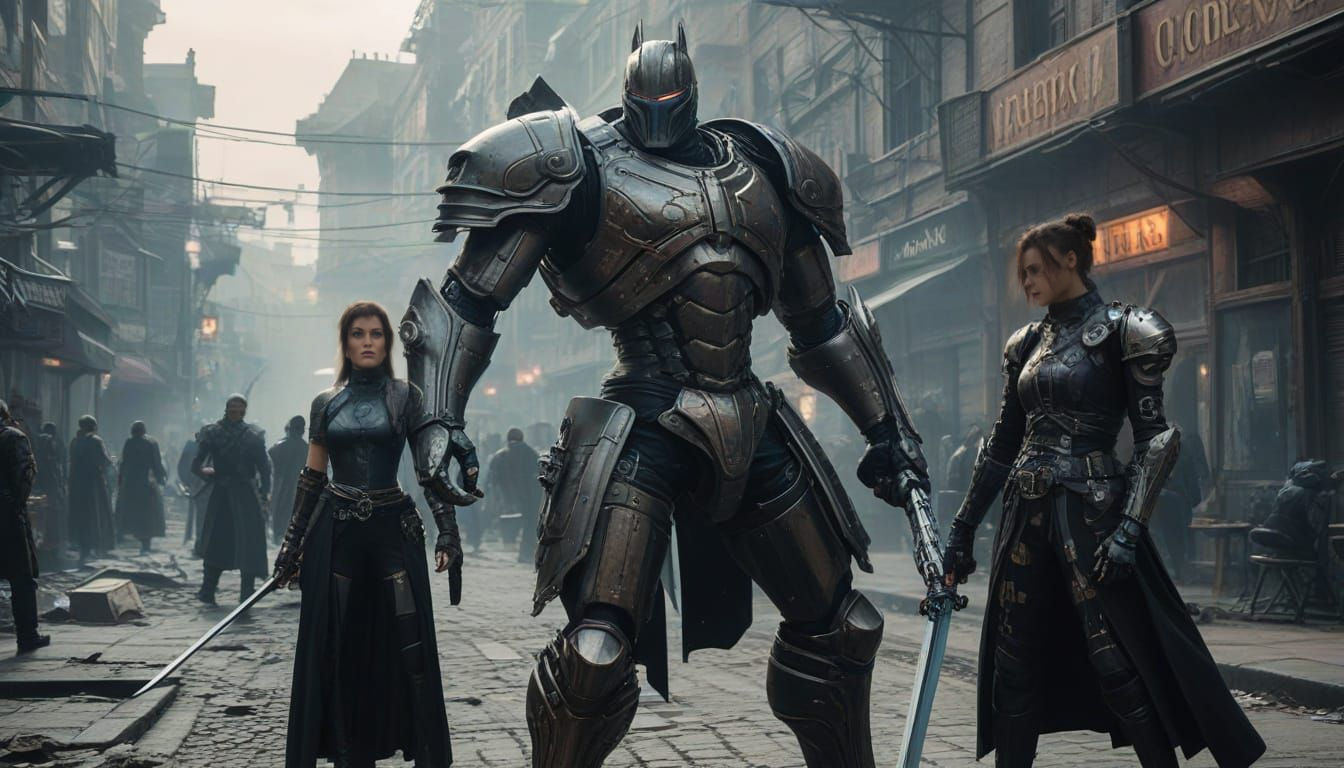 Knight vs Cyborg: Epic Clash in Steampunk Town