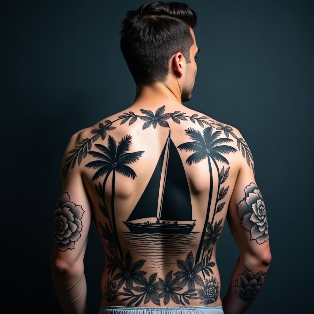 Detailed Silhouette Tattoo Art of Man with Black Ink