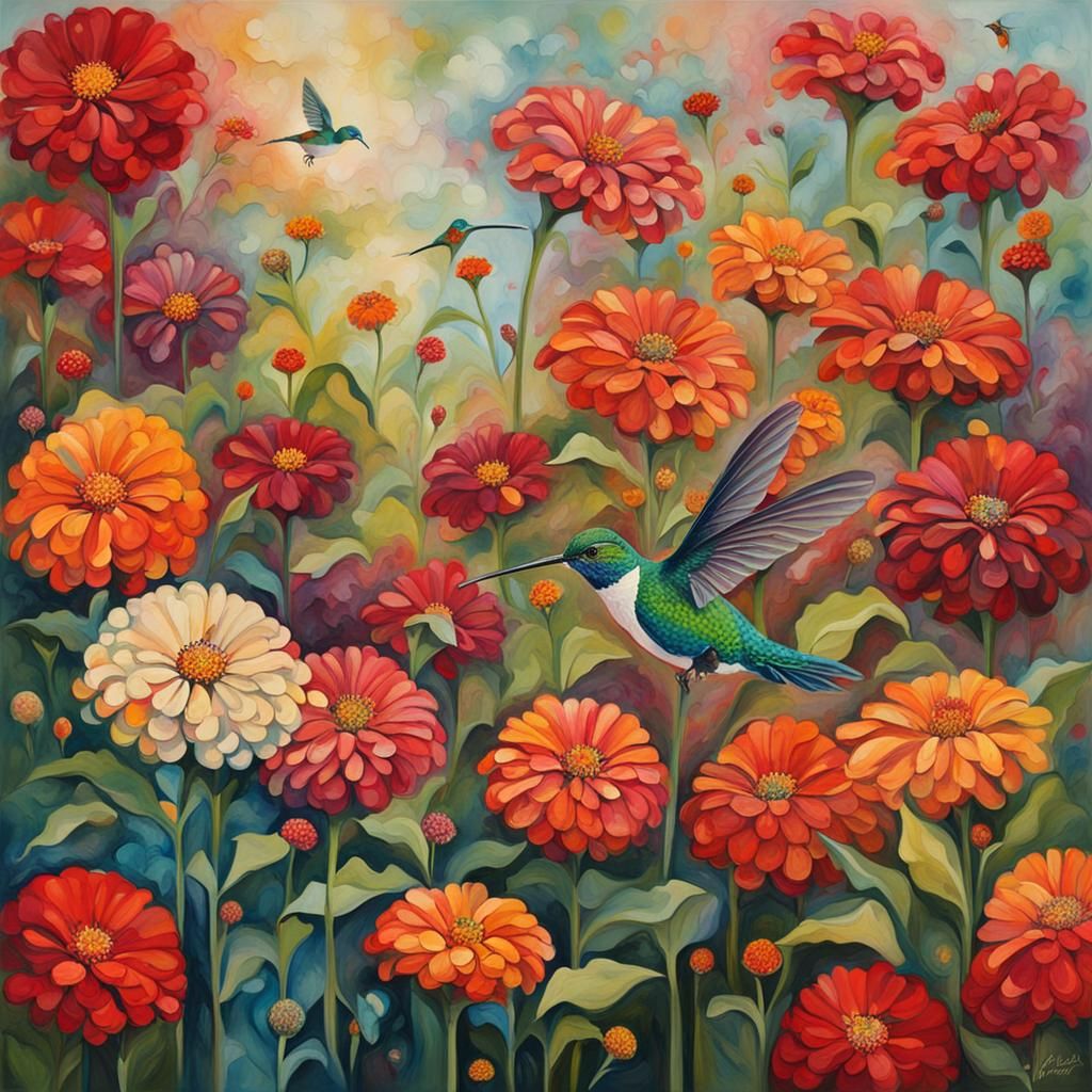 Zinnias and Hummingbird in Abstract Art Style