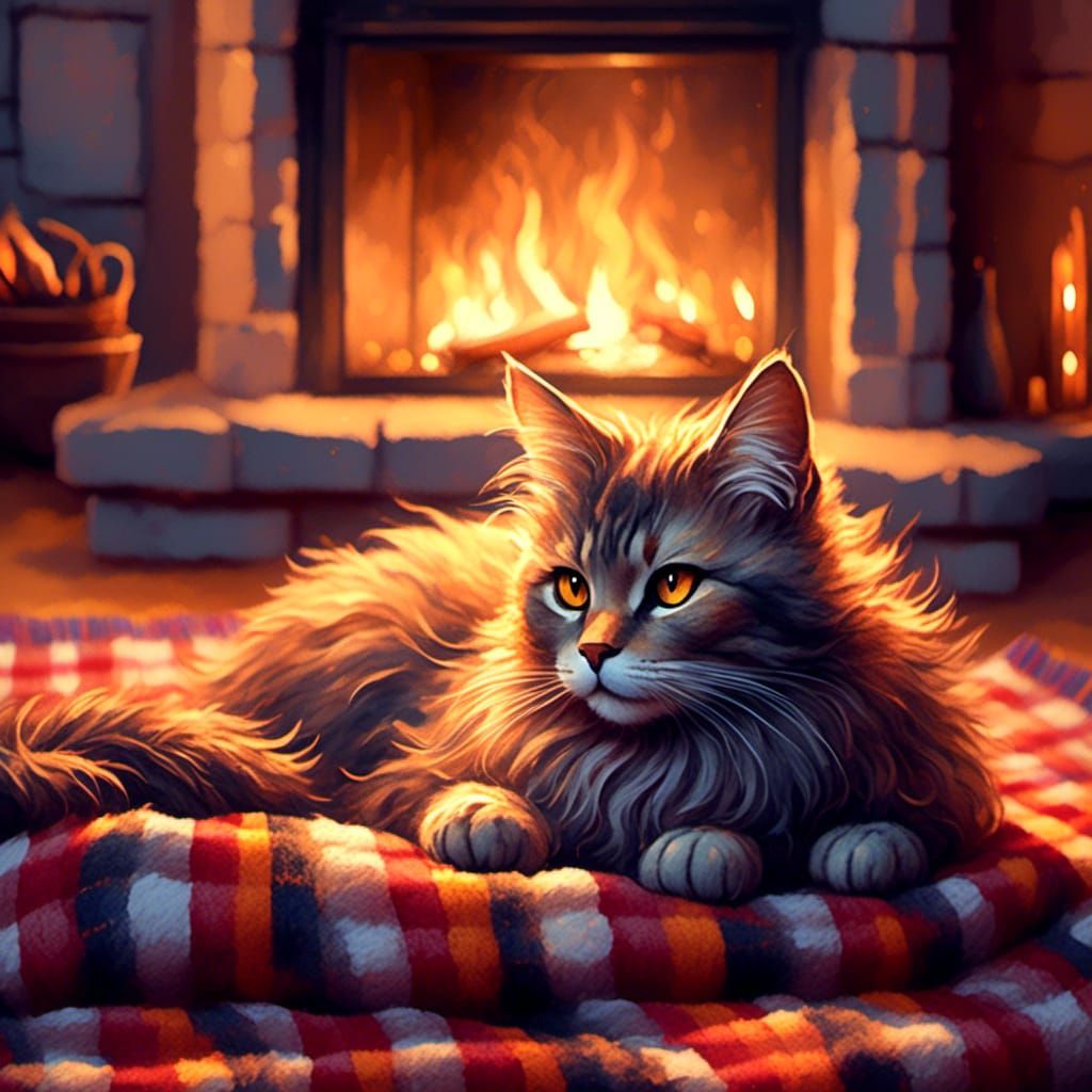 Cozy Cat by Fireplace: Whimsical Ink Illustration