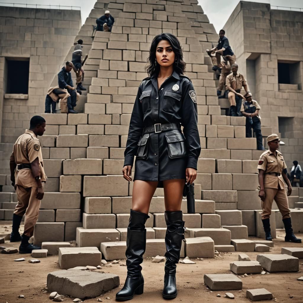 Prison Guard Supervises Pyramid Construction: Hyperrealistic...