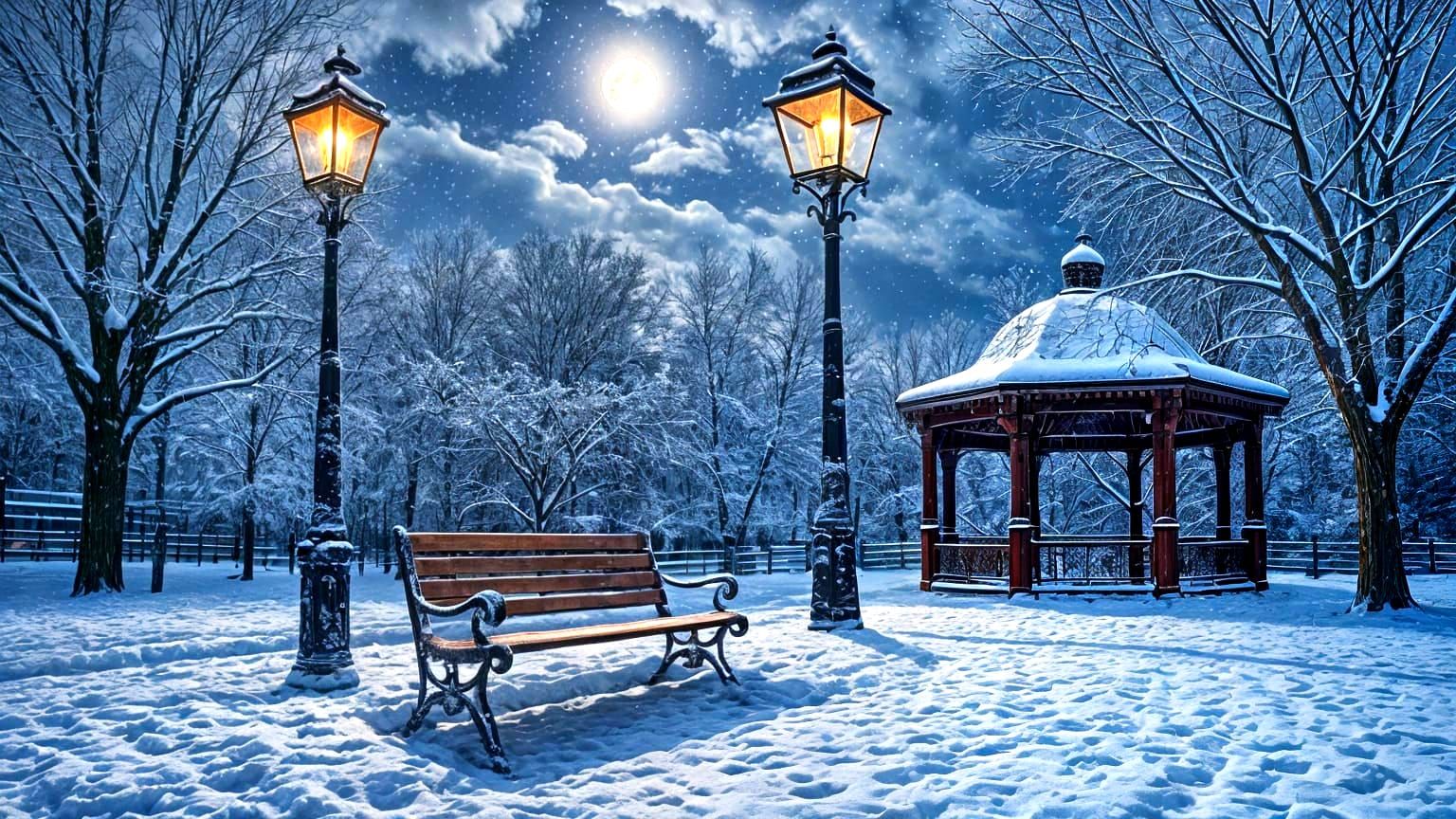 Winter Park at Night: A Maximalist Oil Painting