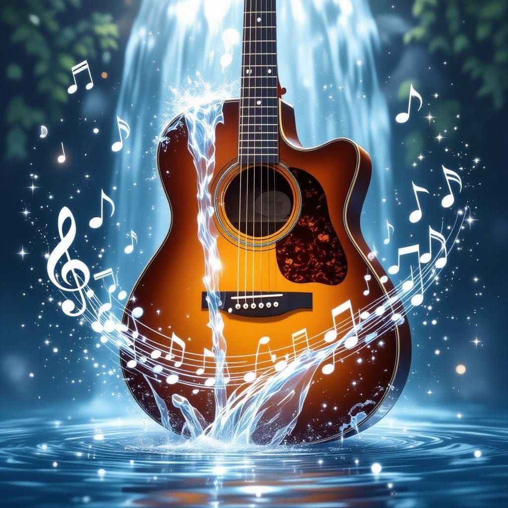 Dreamlike Guitar Portal Transforms into Musical Waterfall