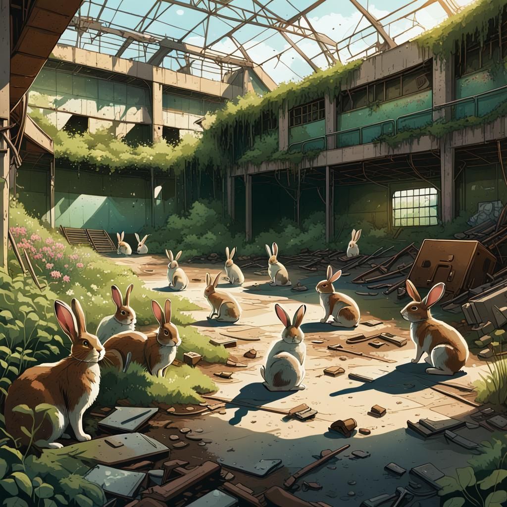 Rabbits Reclaim Sports Arena in Comic Art Style