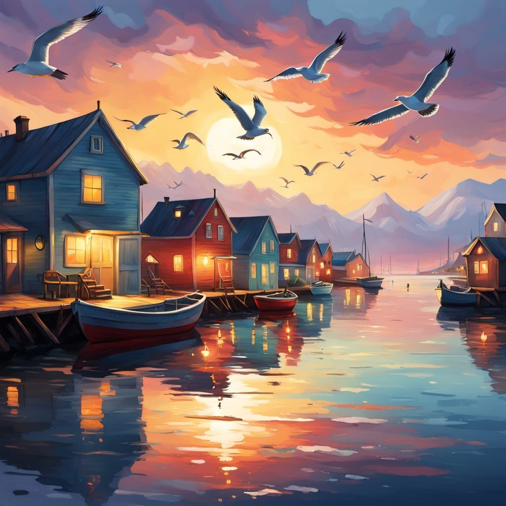 Coastal Village in Vibrant Oil Painting Style
