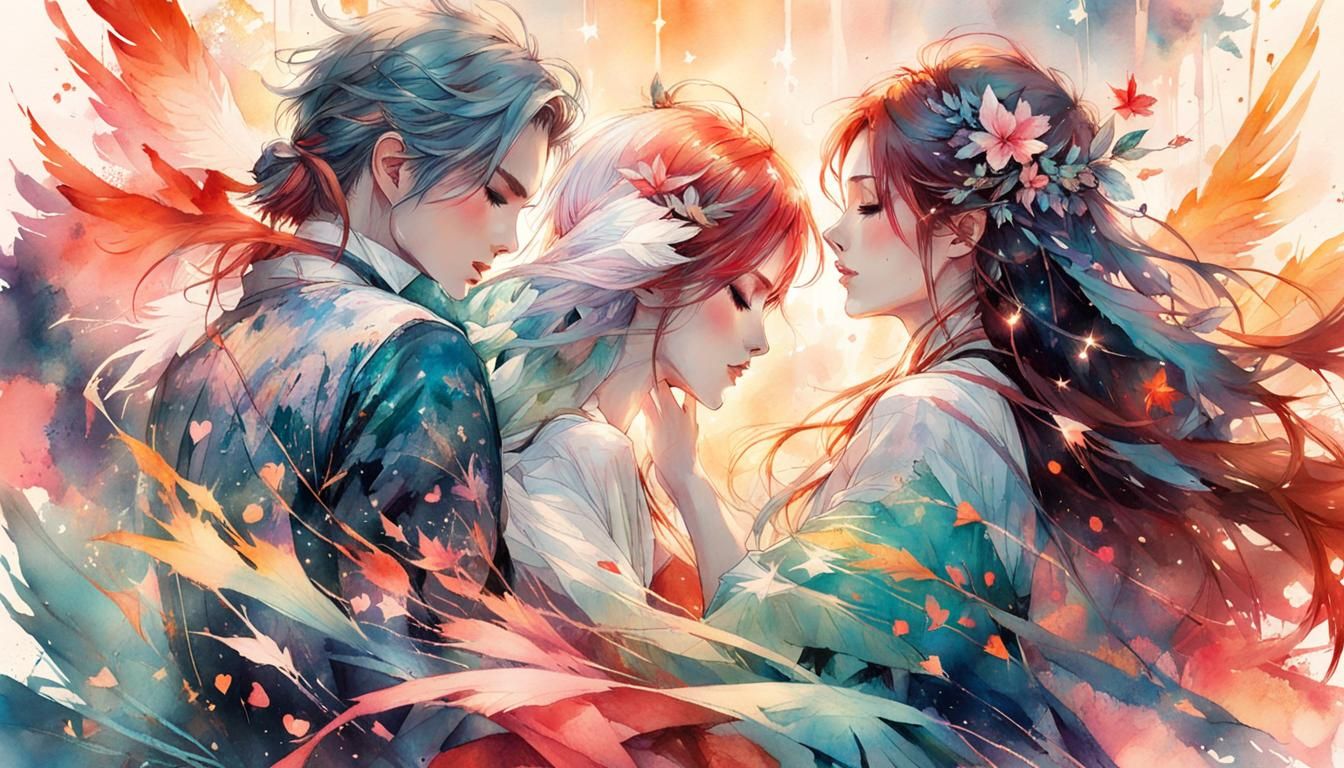 Romantic Dance in Moonlit Watercolor Manga Style