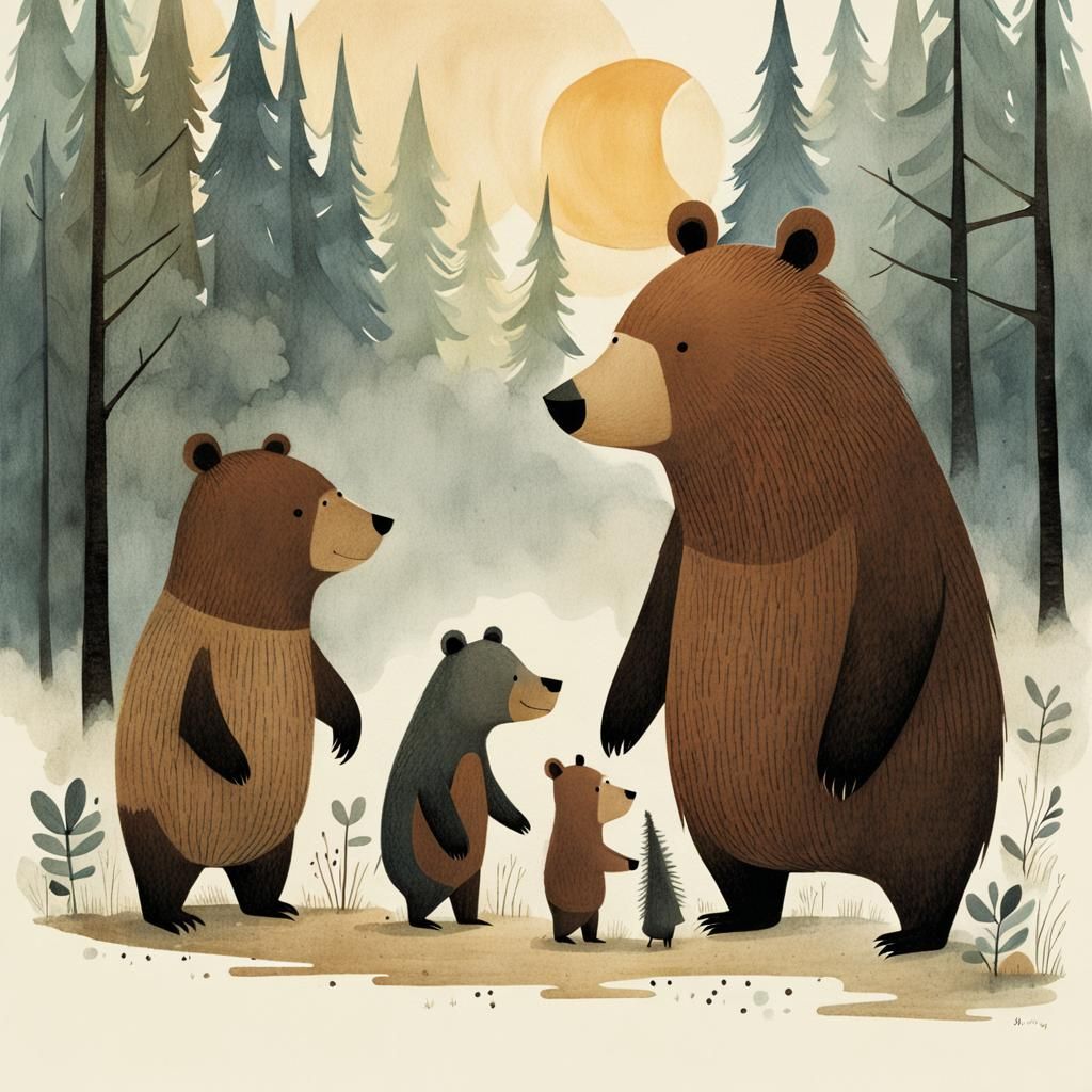 Cozy Bear Family in Storybook Illustration