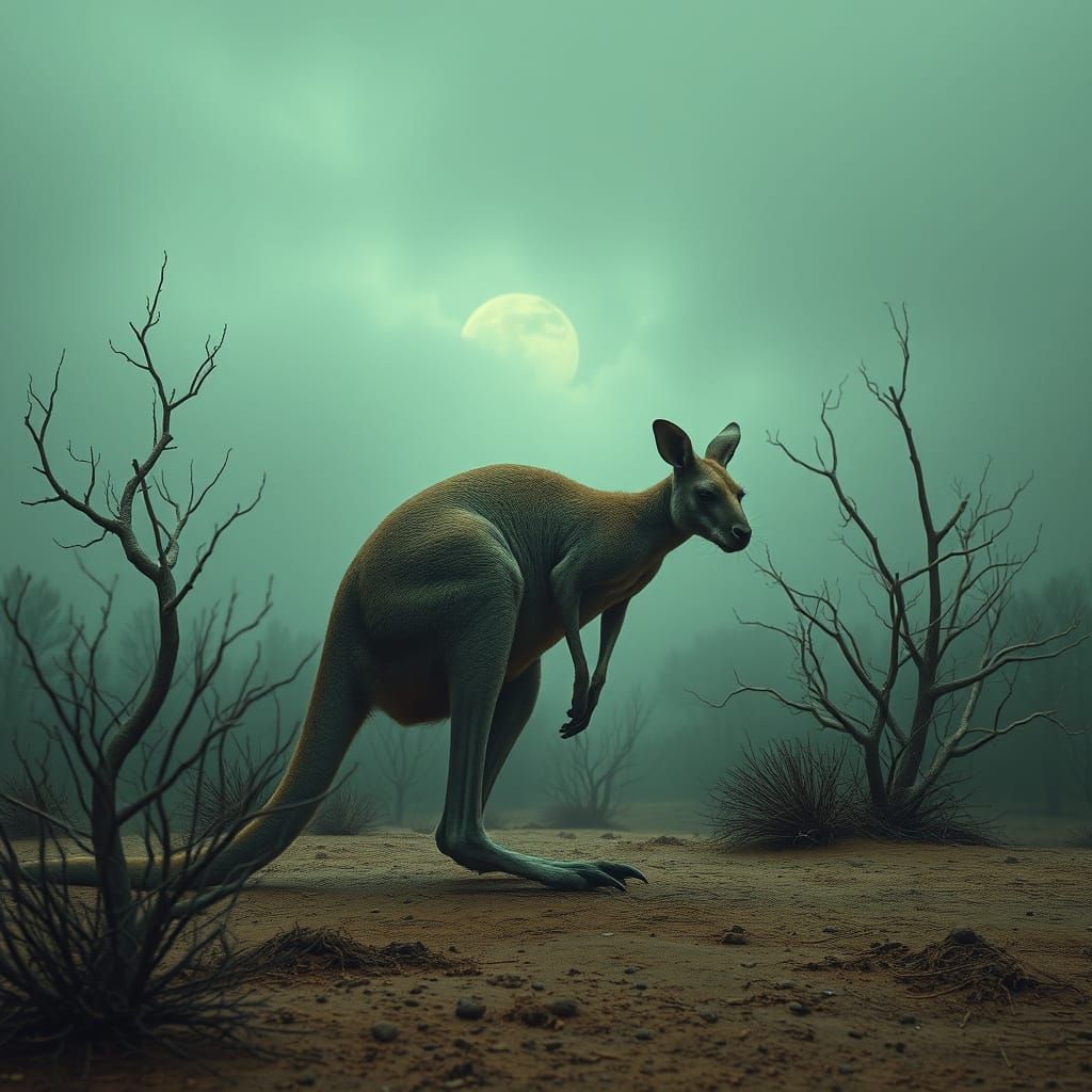 Kangaroo in Dystopian Dreamscape as Dark Fantasy Art