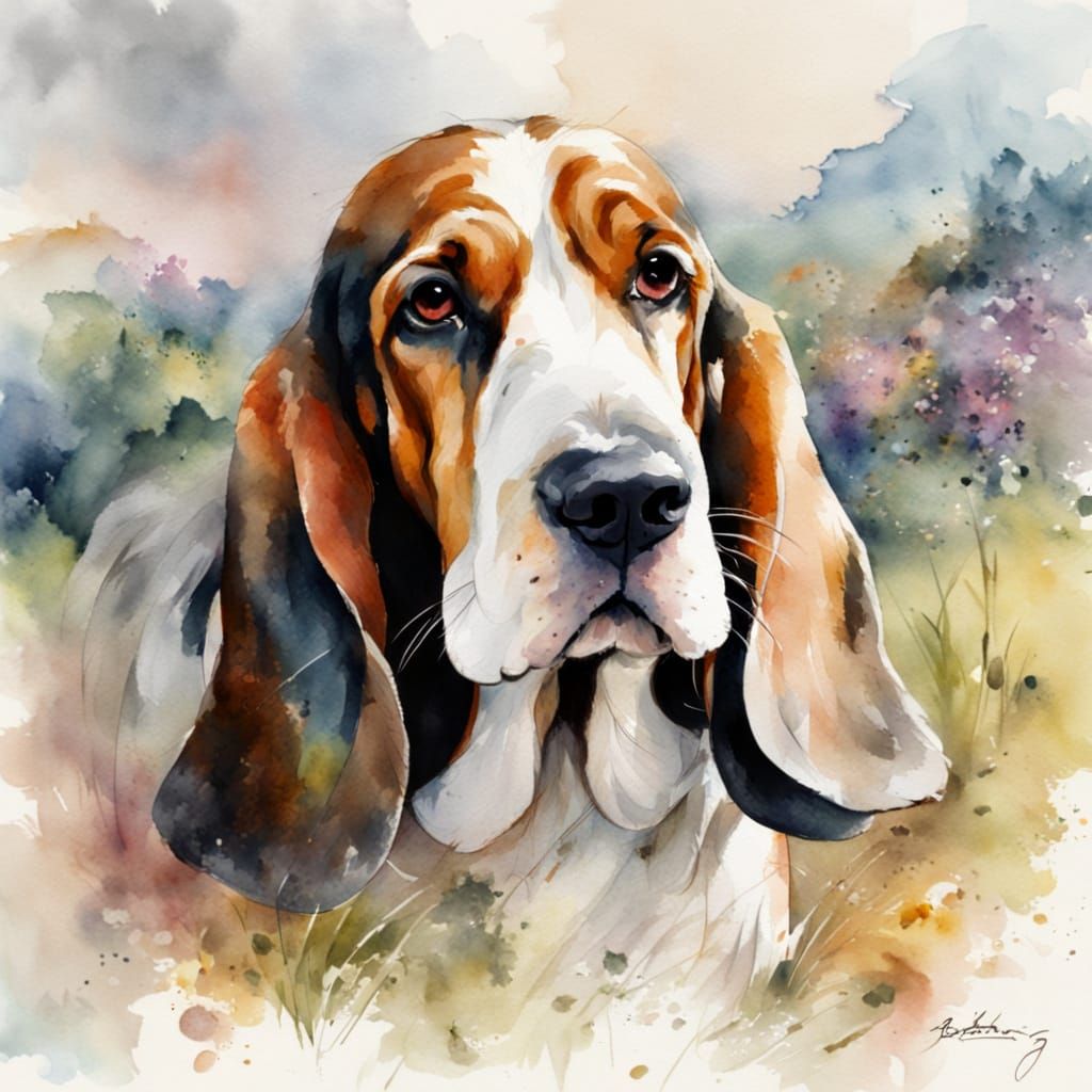 Basset Hound in Harmonic Watercolour Style