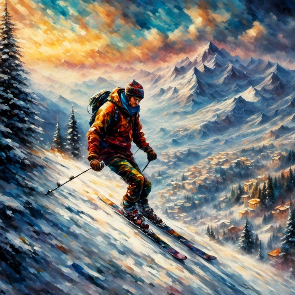 Skiing in the Alps: Impasto Painting of a Snowstorm