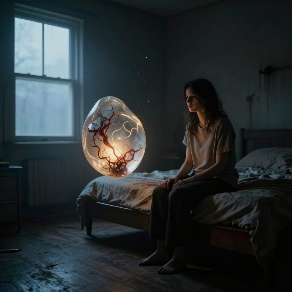 Dark Fantasy Realism: Woman in Ominous Bedroom at Dawn