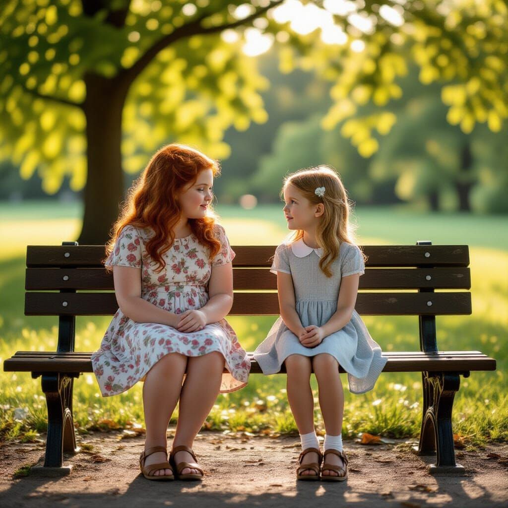 Girls on Park Bench in Cinematic Sunlight