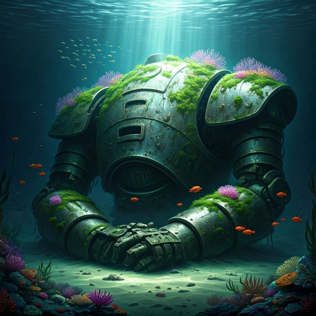 A colossal, ancient automaton, overgrown with bioluminescent moss and strange oceanic flora, rests on the seabed. Its me...