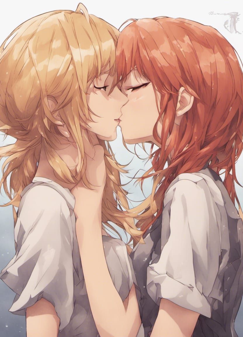 Anime-Style Image of a Blonde and Redhead Kiss