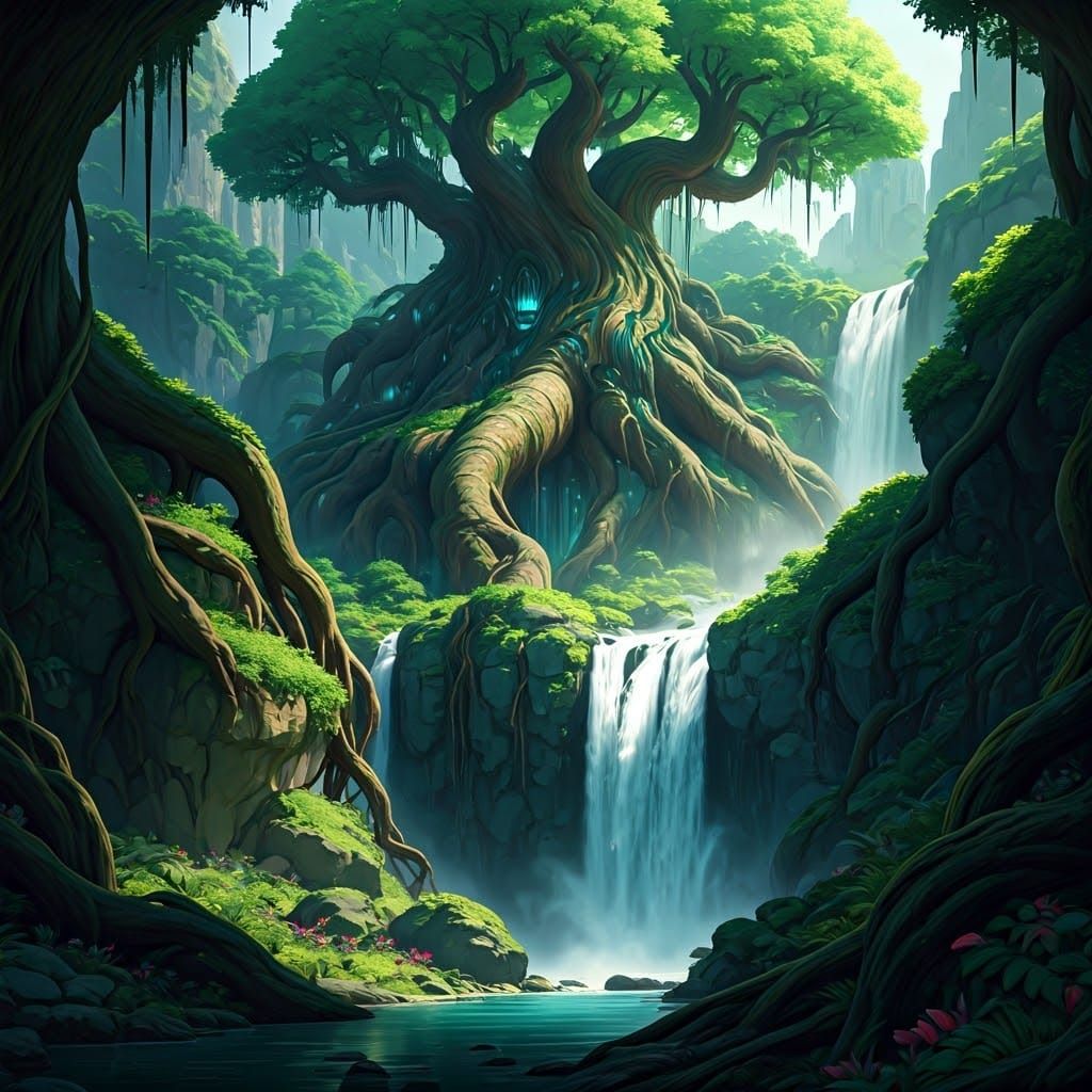 Fantasy Jungle Waterfall: Vibrant 3D Concept Art