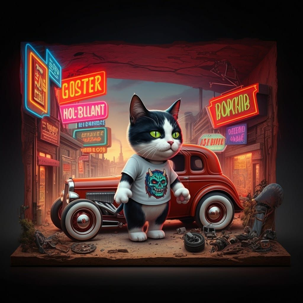 Mischievous Cat Causes Chaos in Retro-Futuristic Cityscape