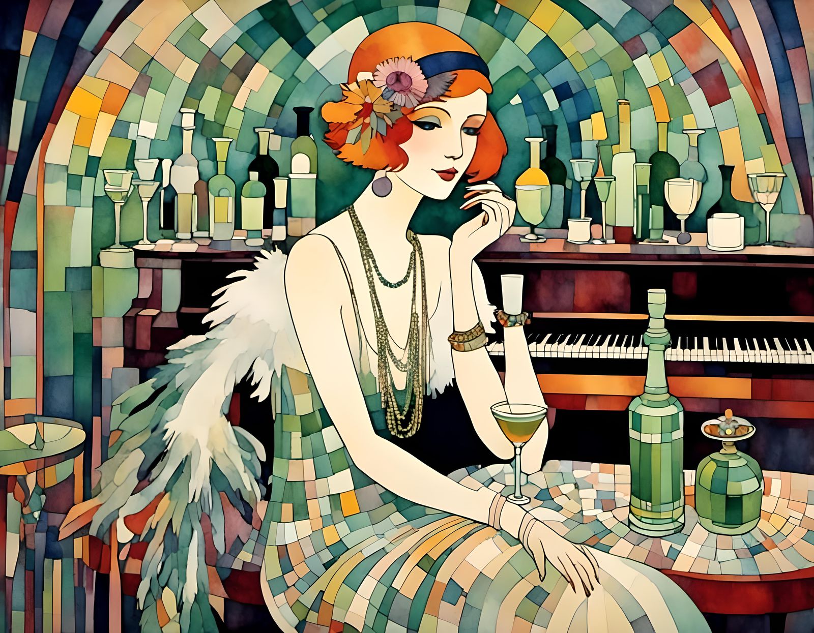 Art Deco Flapper Girl at Piano Bar with Absinthe