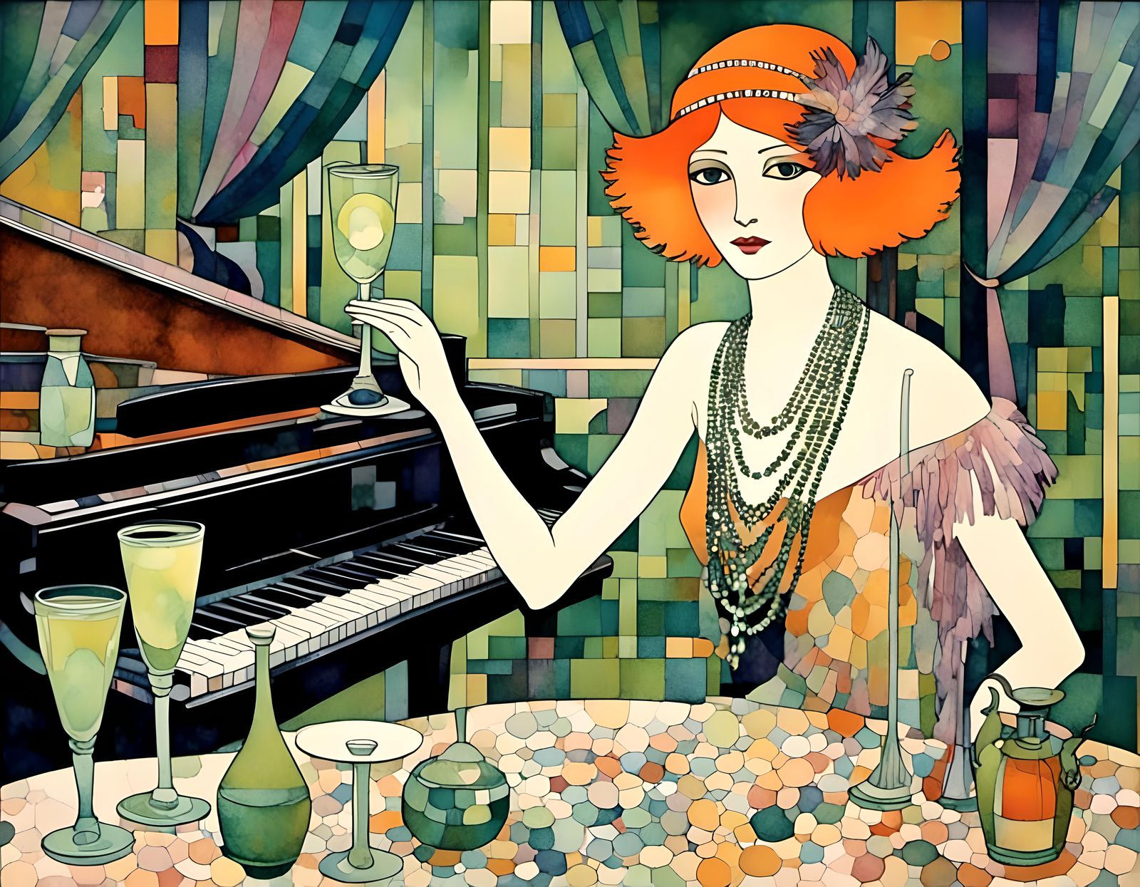 Art Deco Flapper Girl at Piano Bar