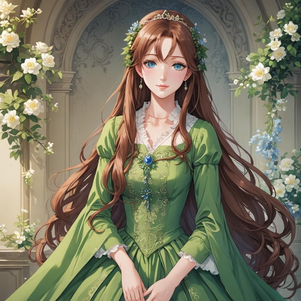 Anime Portrait of a Noble Lady in Green Gown