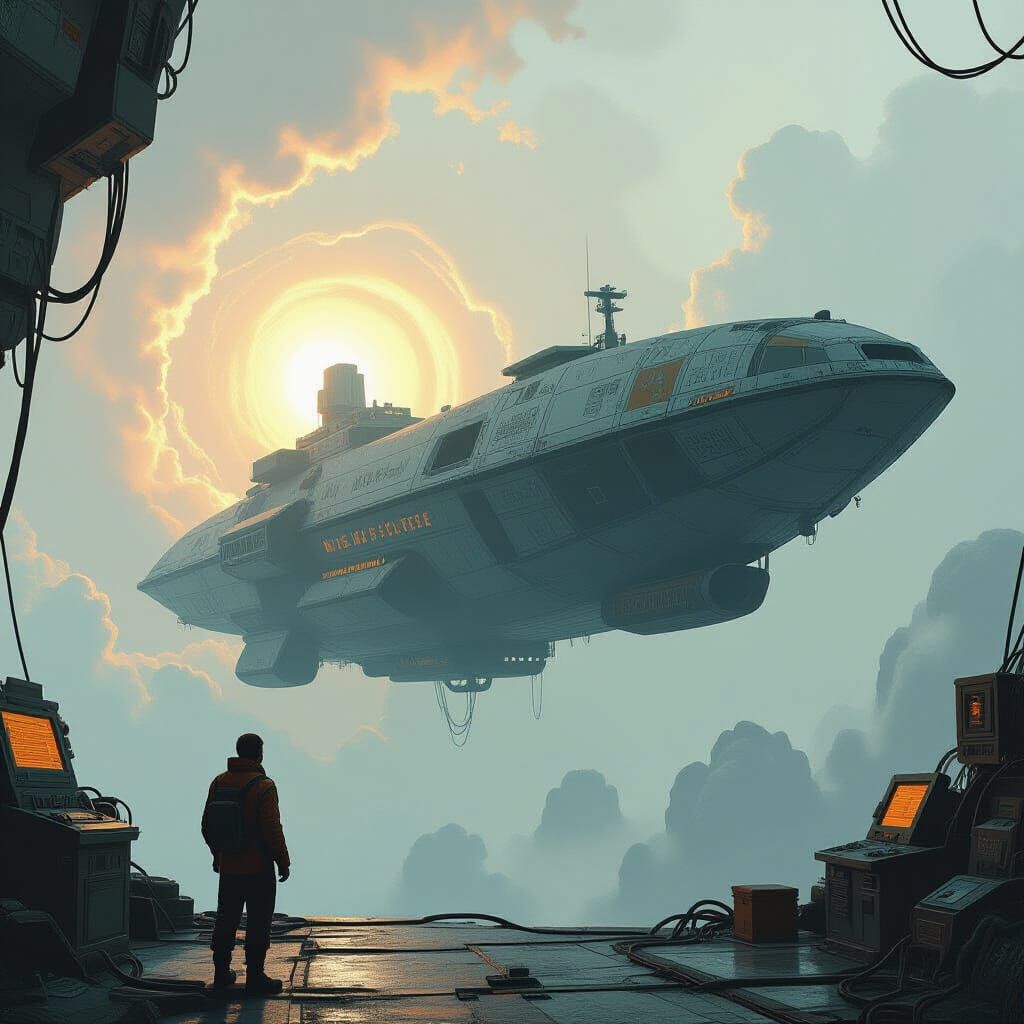 Weathered Freighter Drifting Through Nebula in Gritty Style