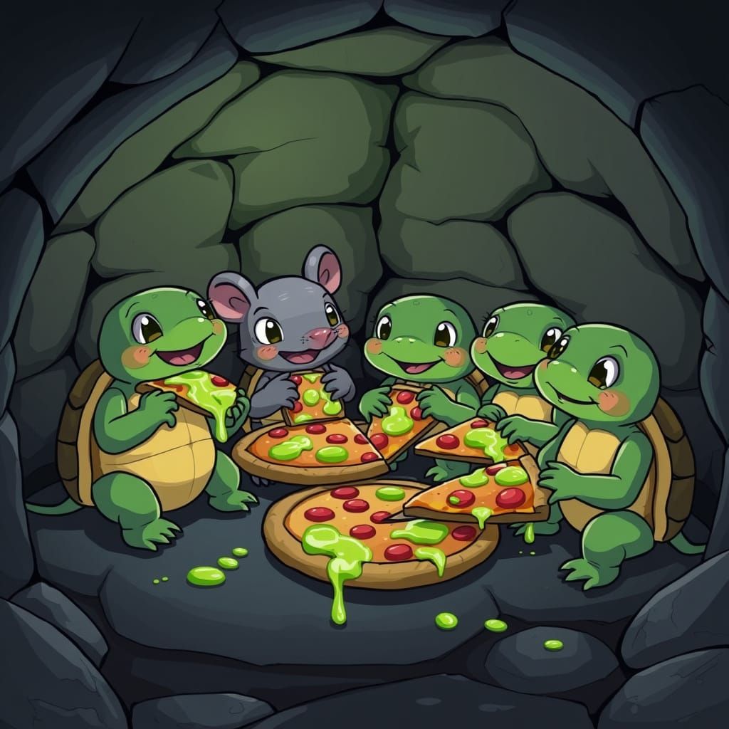 Cartoon Turtles Enjoying Pizza in Sewer Alcove