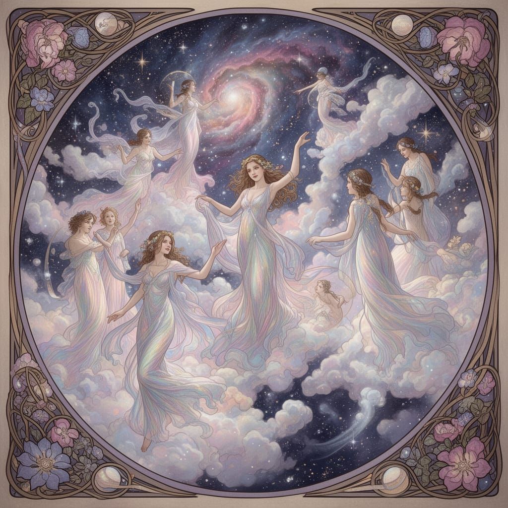 Ethereal Beings Dance at Cosmic Party in Art Nouveau Style