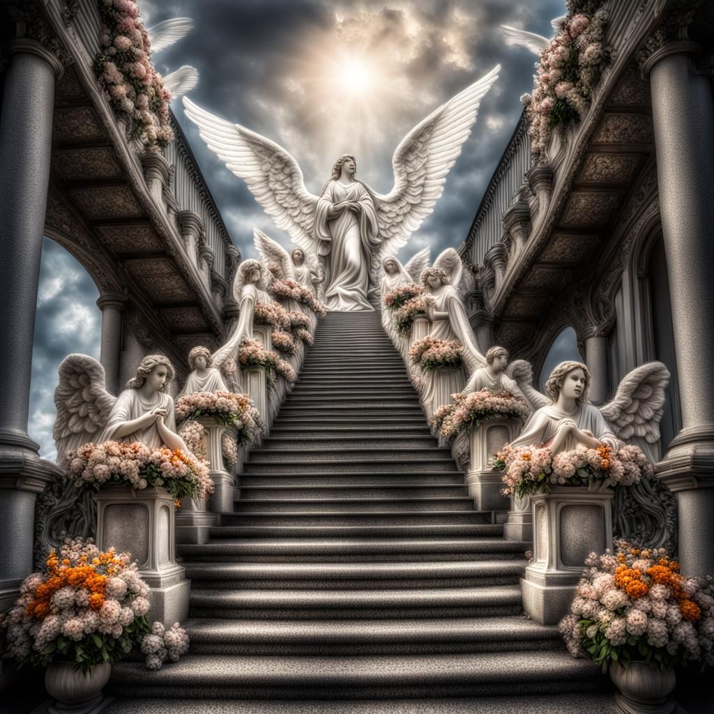 Heavenly Stairway with Angels and Flowers in HDR