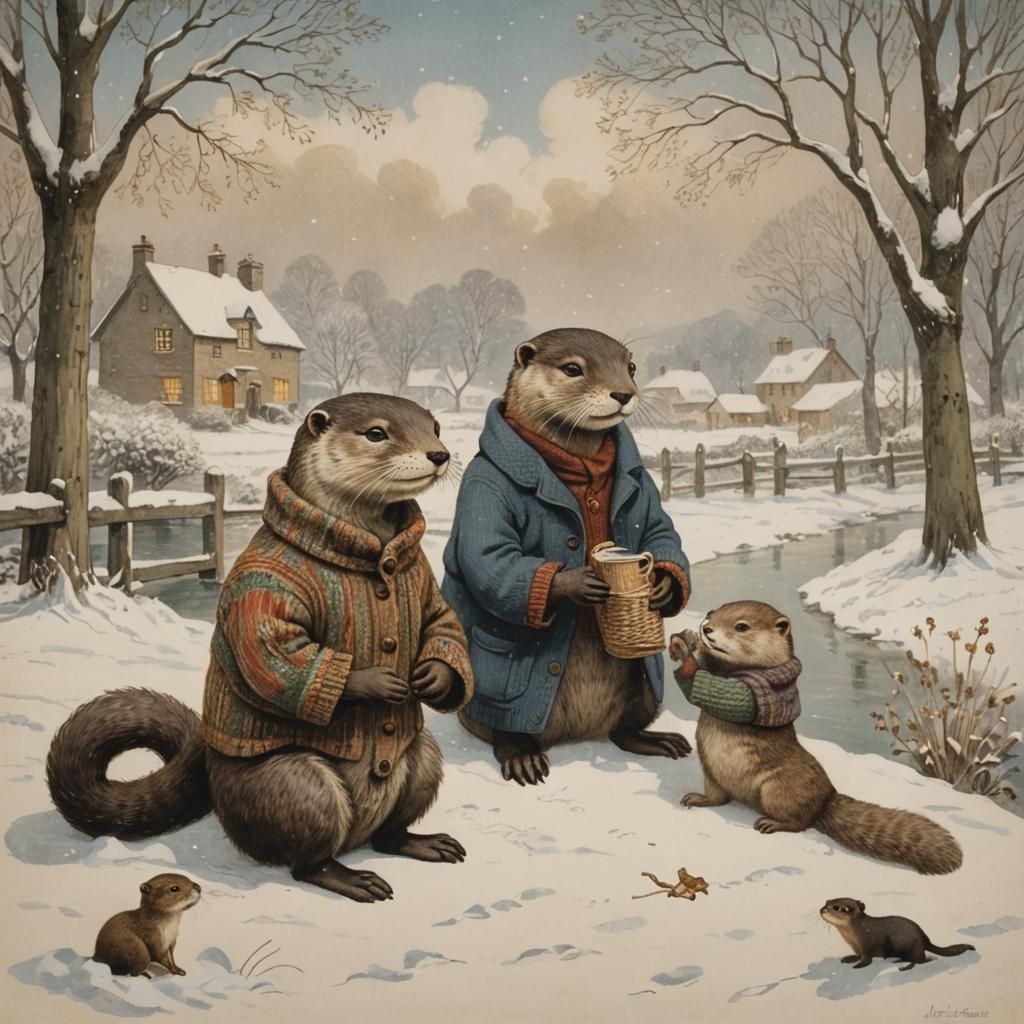 Art by Beatrix Potter, Théophile Steinlen, cozy winter scene, otter in intricately knitted sweater, snowflakes gently fa...