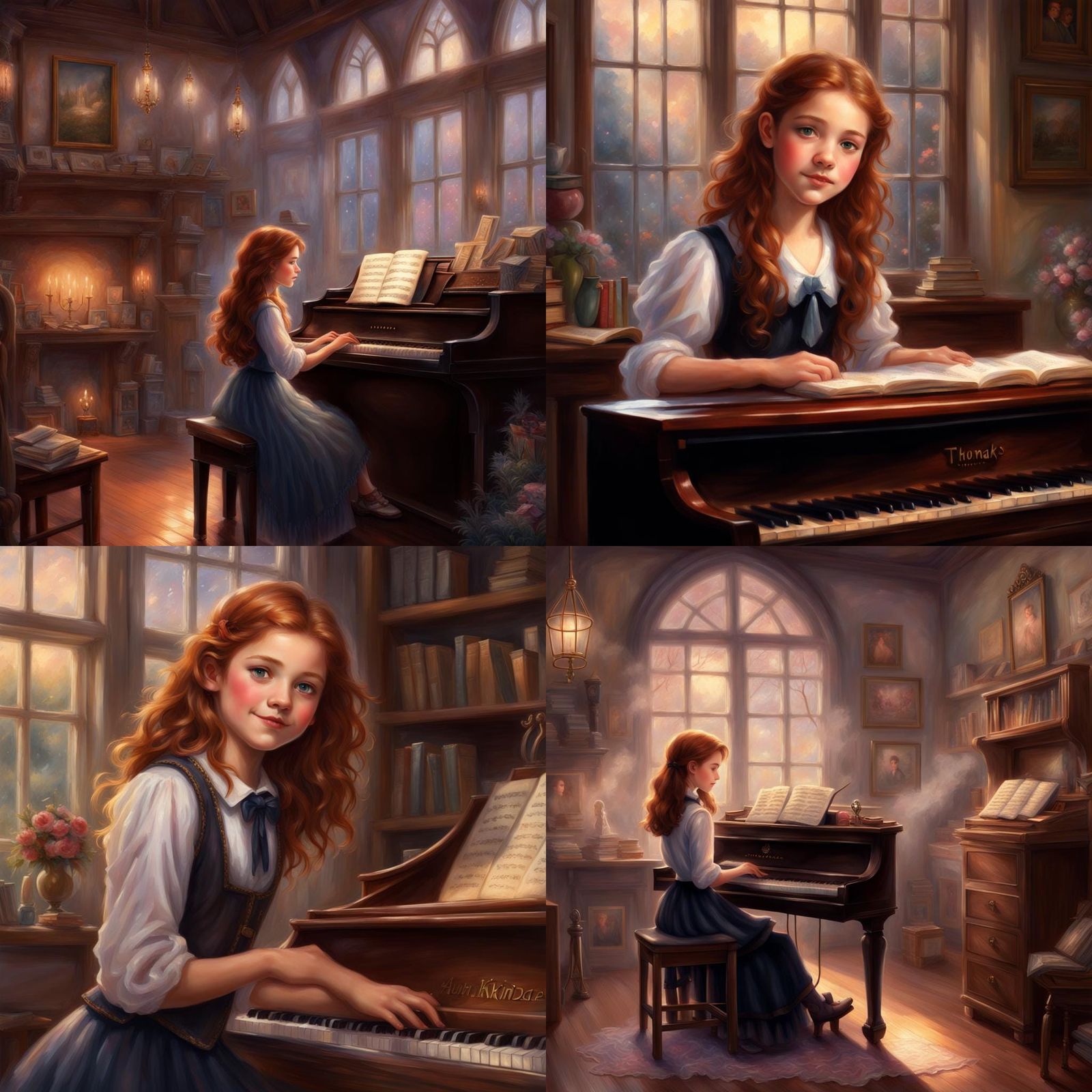 Auburn-Haired Witch Plays Piano in Music Room