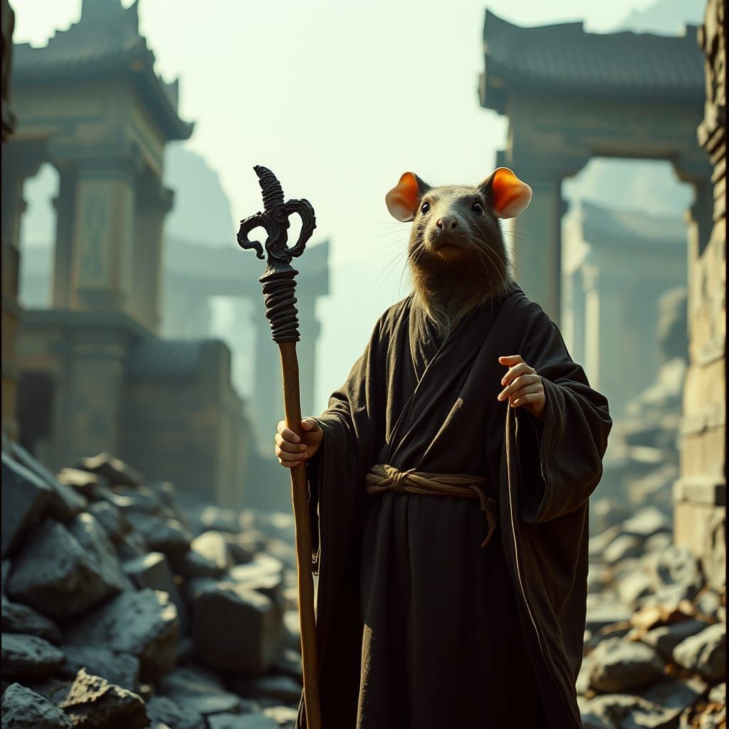 Rat Zodiac Druid in Ancient Ruins, Cinematic Film Still