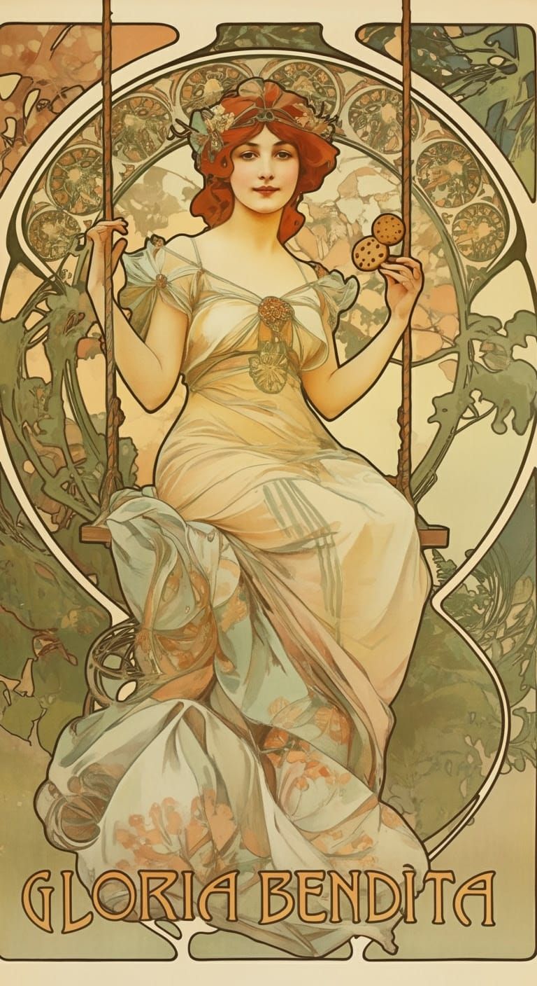 Art Nouveau Woman in Garden with Cookie