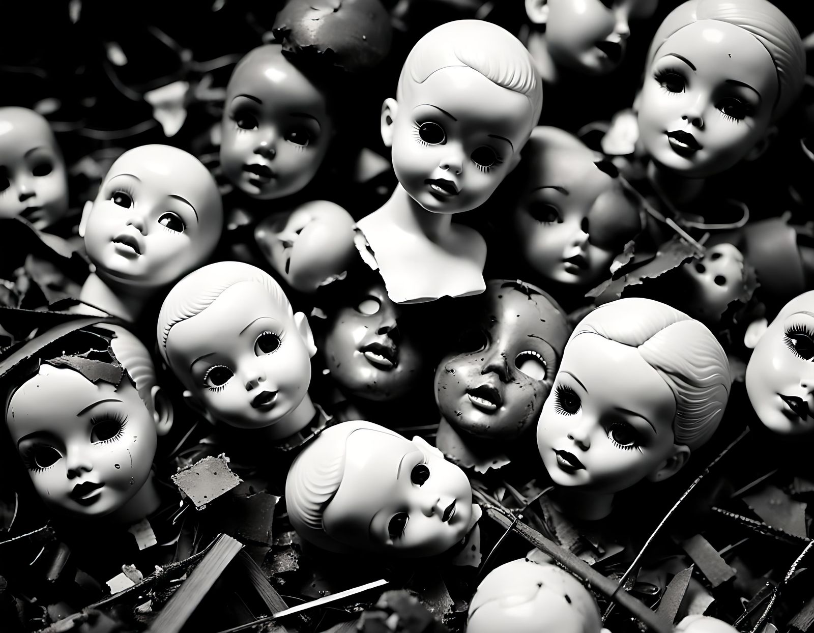 Creepy Pile of Broken Dolls in Black and White