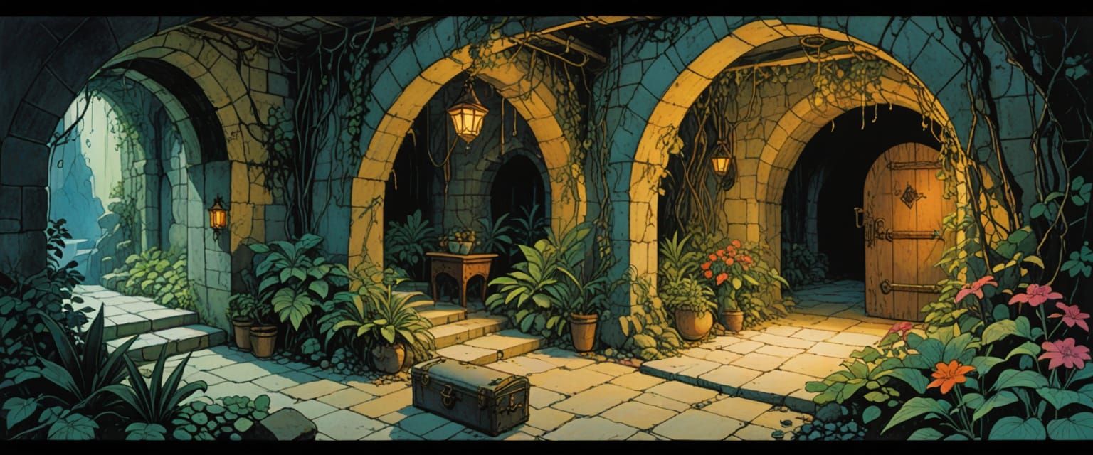 Mysterious Dungeon Passageway with Goblins and Treasure