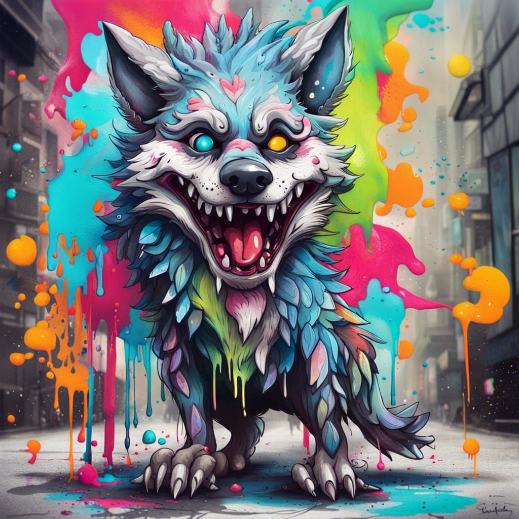 Colorful Chibi Wolf Creature Graffiti Art