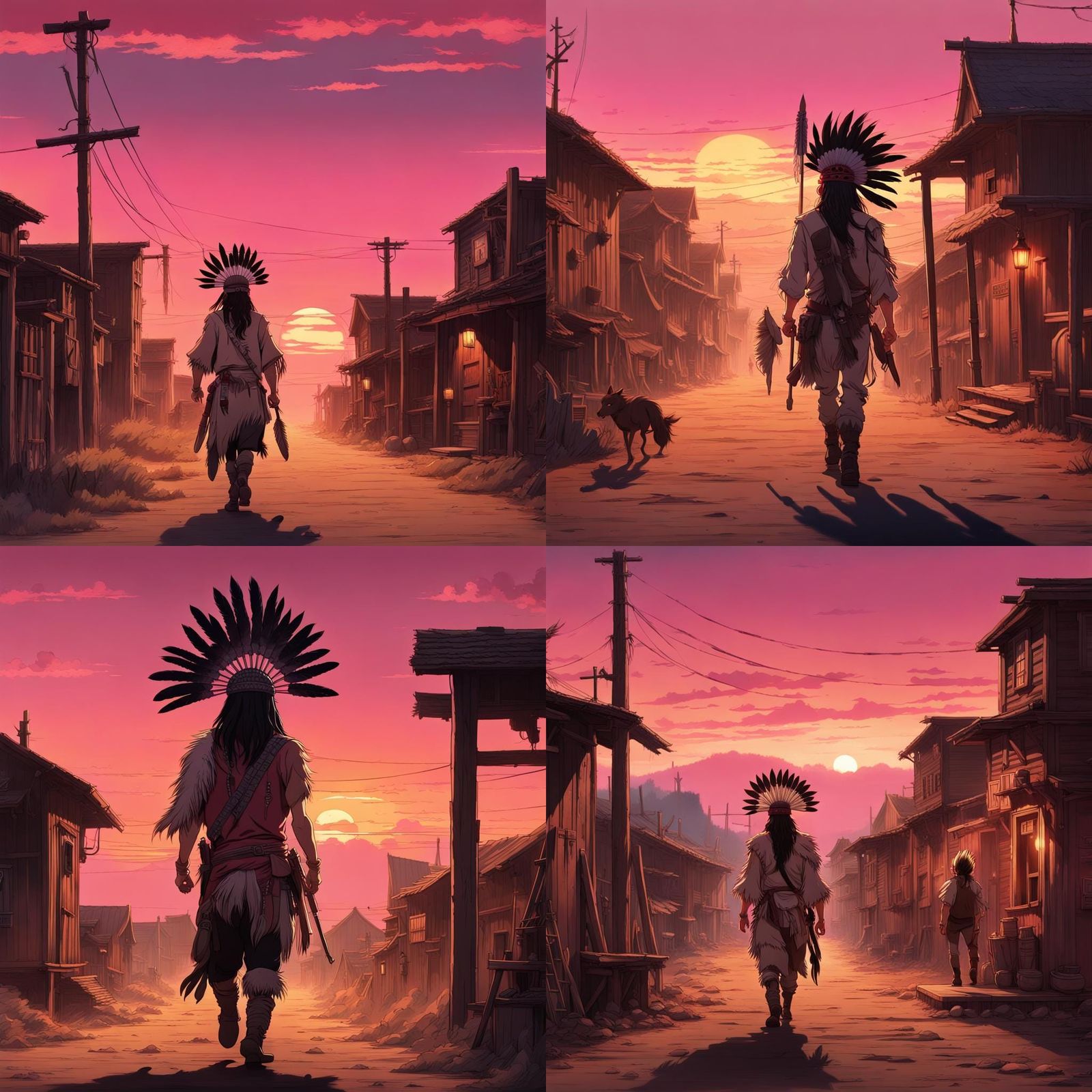 Native American Warrior in Western Town, Anime Style