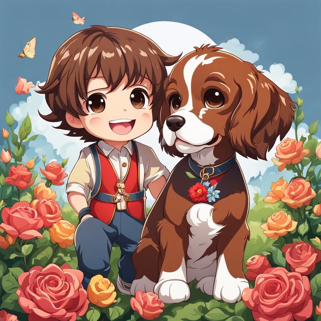 Chibi Boy Enjoys Sunny Day with Loyal Cocker Spaniel