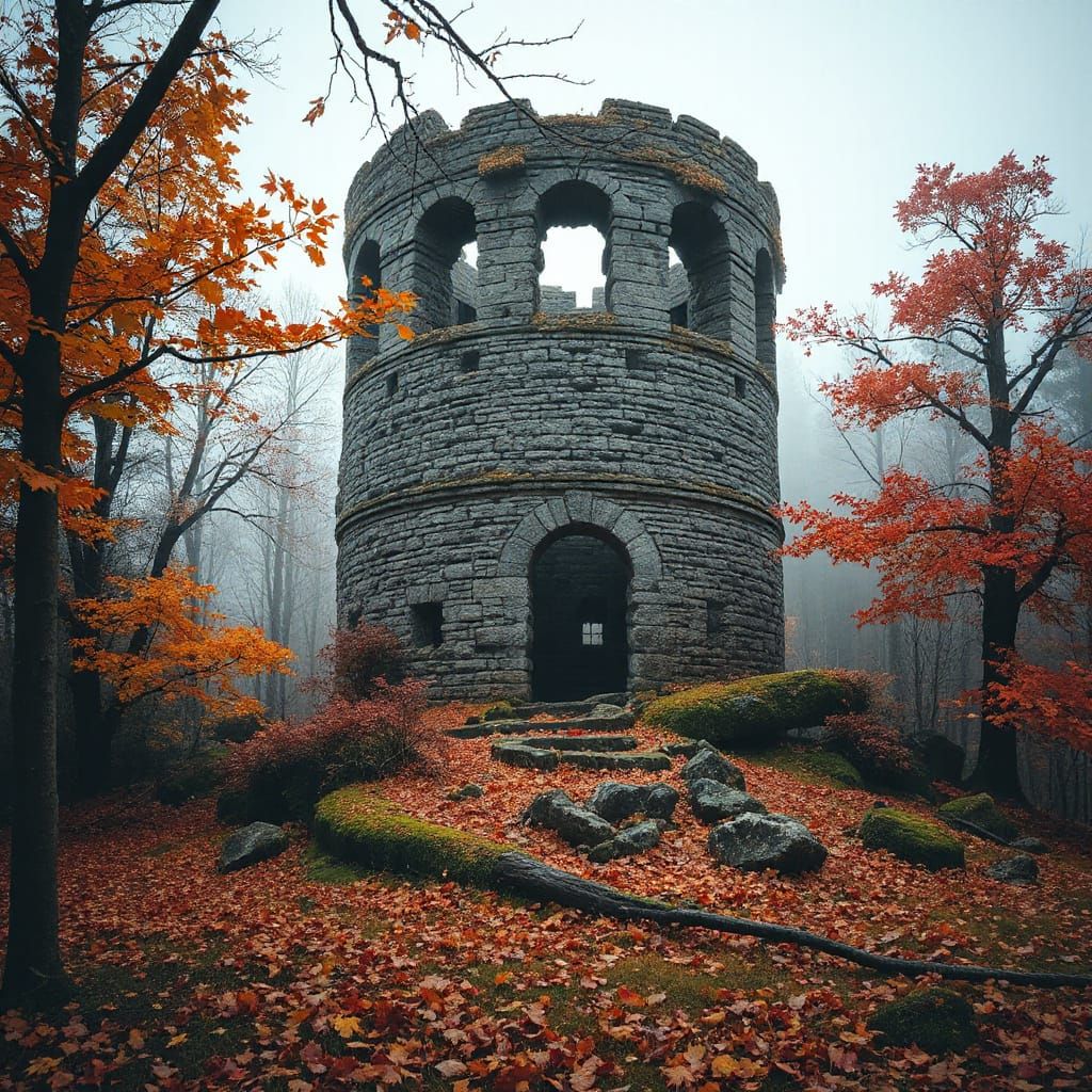 A ruined circular tower  in the middle of an autumn forest.