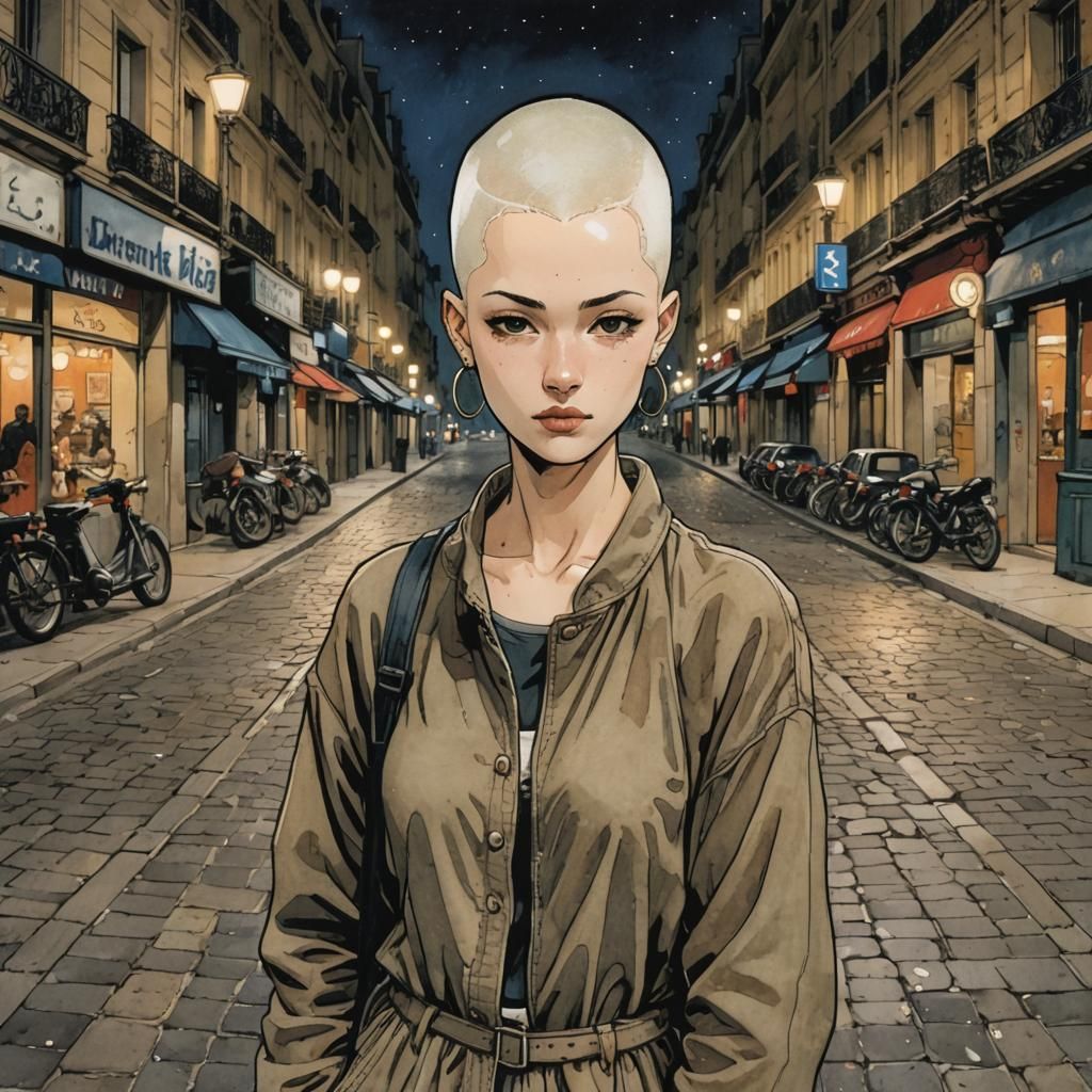 Paris Night Scene: Shaved Head Anime Girl