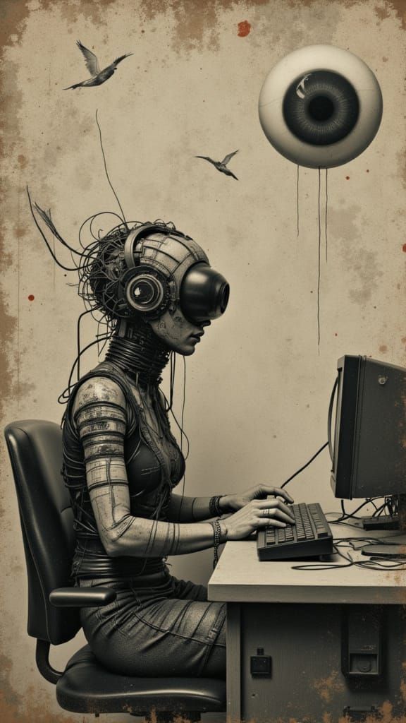 Surreal Human Drone in Orwellian Office