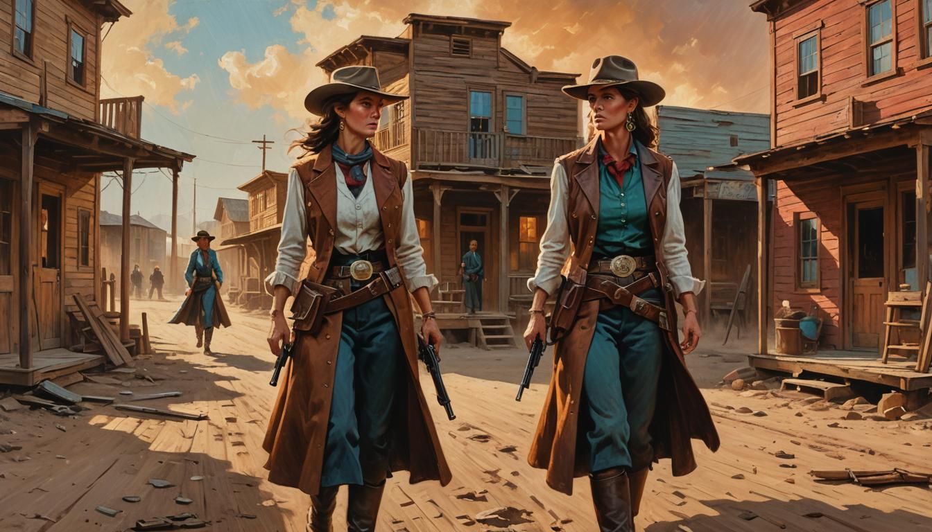 Western Gunfight in Setting Sun: Oil Painting