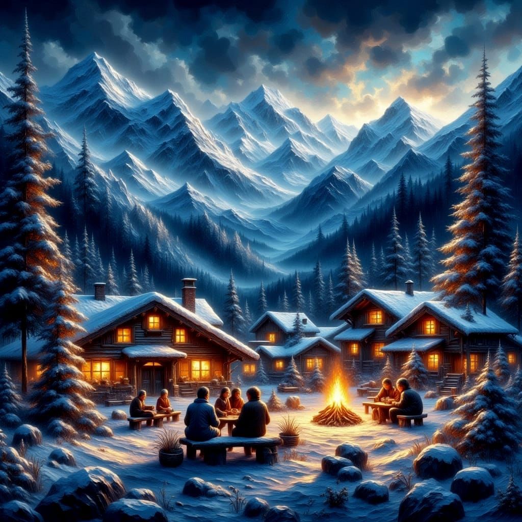 Cozy Mountain Village: An Impasto Winter Scene